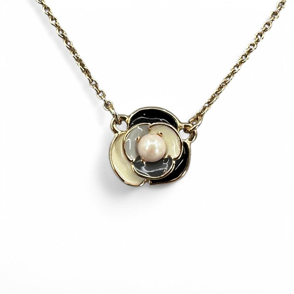Kate Spade Deco Blossom Pendant Necklace 12k Gold Plated Black Gray Cream Rose